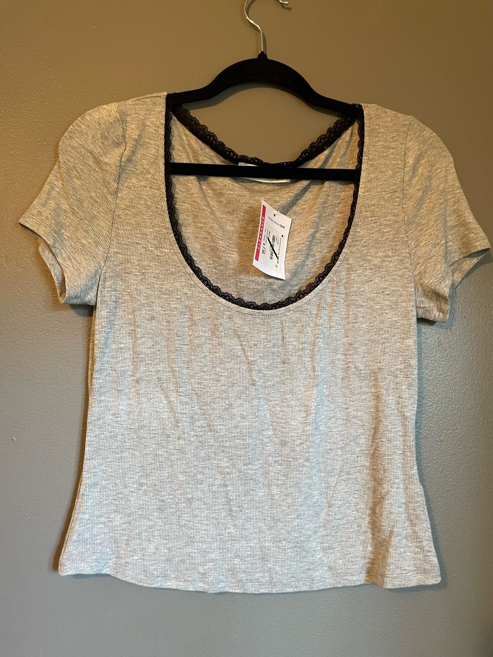 New Elodie Large Womens Grey Black Lace Short Sleeve T-shirt Blouse Top Rt $50!